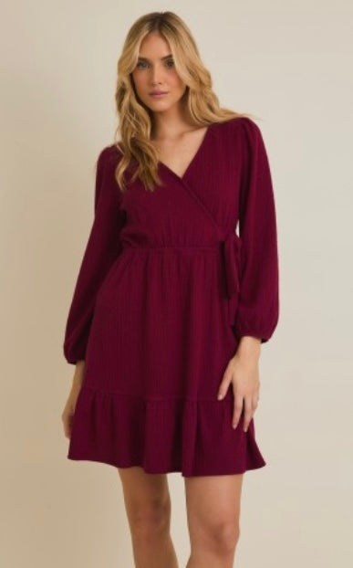 Burgundy Faux Wrap Dress