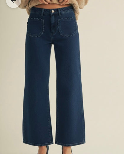 Navy Scalloped Detail Pants