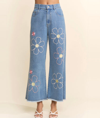Floral Appliqué Denim Pants