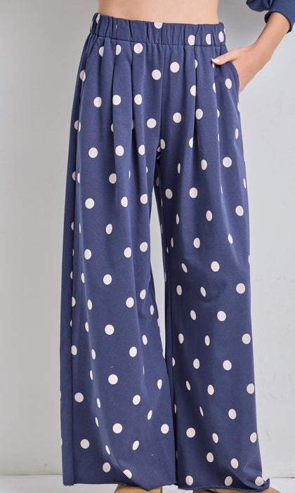 Navy Polka Dot Wide Leg Sweats