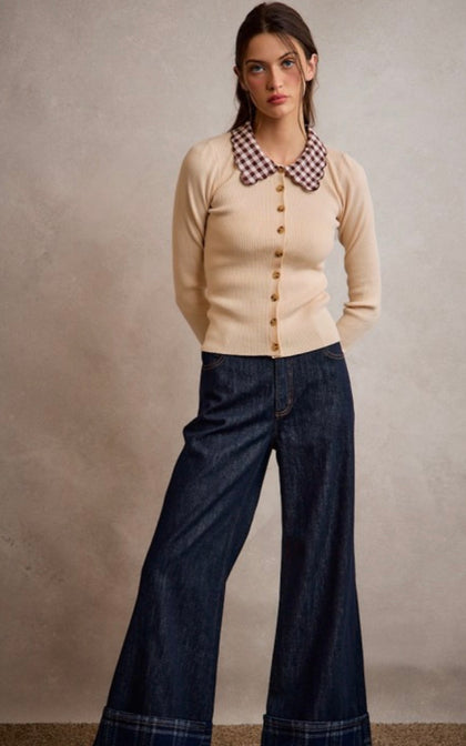 Checkered Collar Button Up Sweater