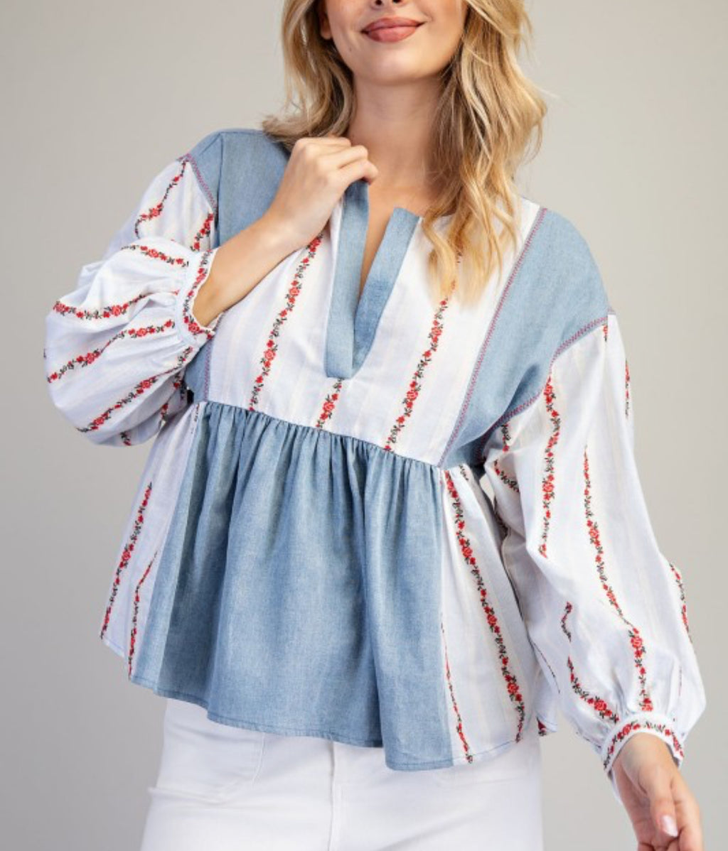Denim Embroidered Floral Peplum Top