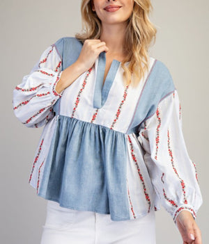 Denim Embroidered Floral Peplum Top