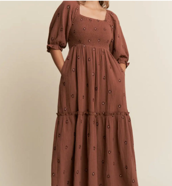 Brown Embroidered Maxi