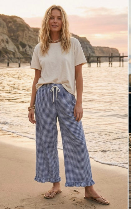 Blue/White Checkered Ruffle Pants