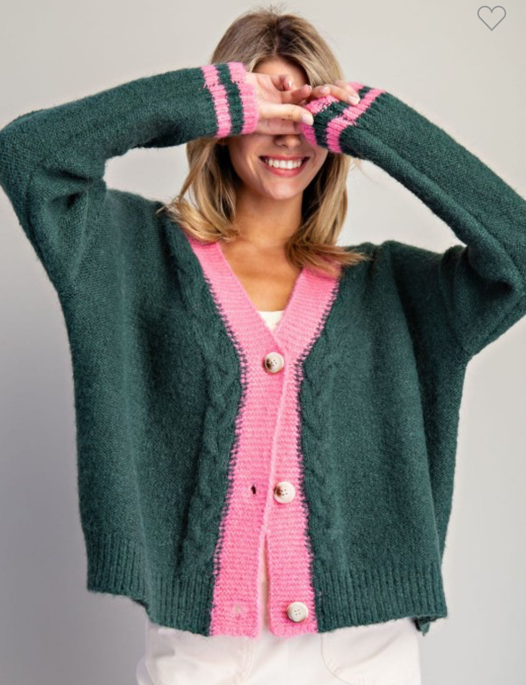 Green Cardigan with Pink Trim