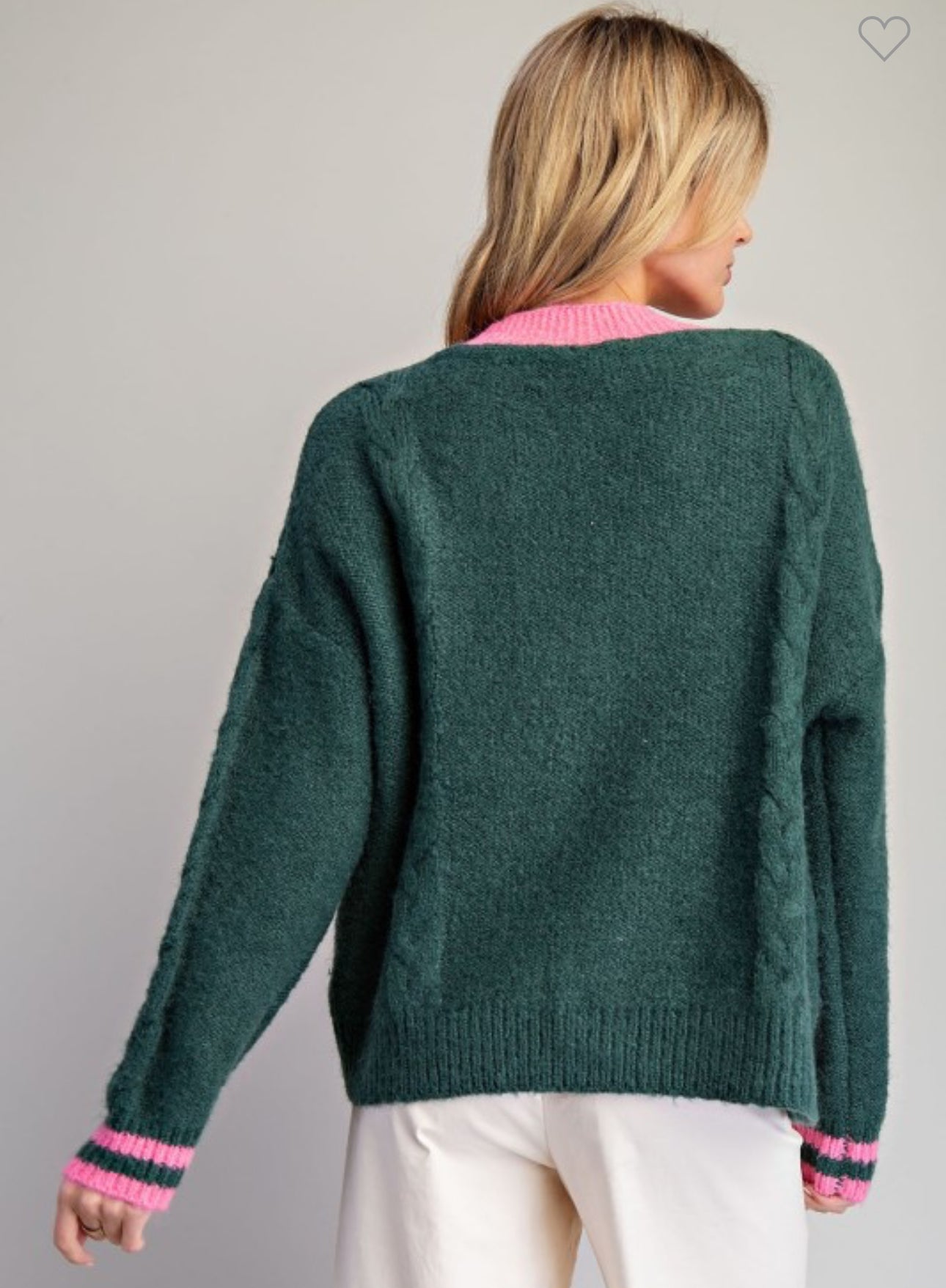 Green Cardigan with Pink Trim