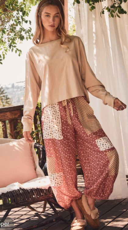 Red Floral Patchwork Balloon Pants