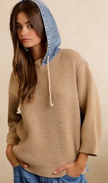 Taupe/Denim Hoodie Sweater