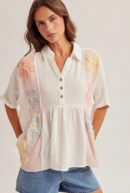 Floral Appliqué Babydoll Top