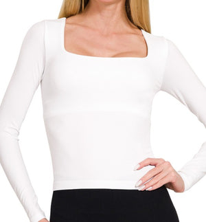 White Square Neck LS Top