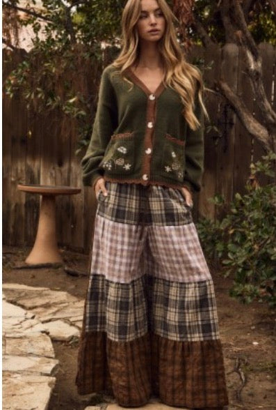 Mixed Plaid Tiered Pants