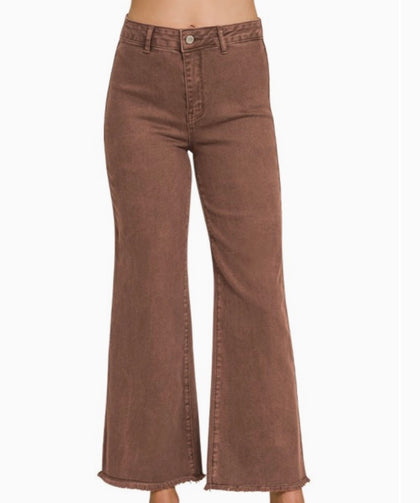Brown Frayed Hem Wide Leg Pants
